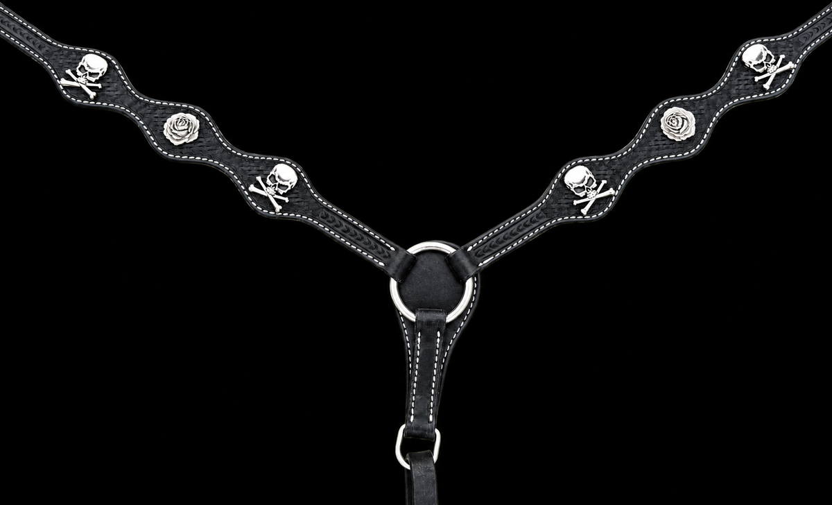 Black Scalloped Basketweave Breastcollar with Skull and Flower Conchos