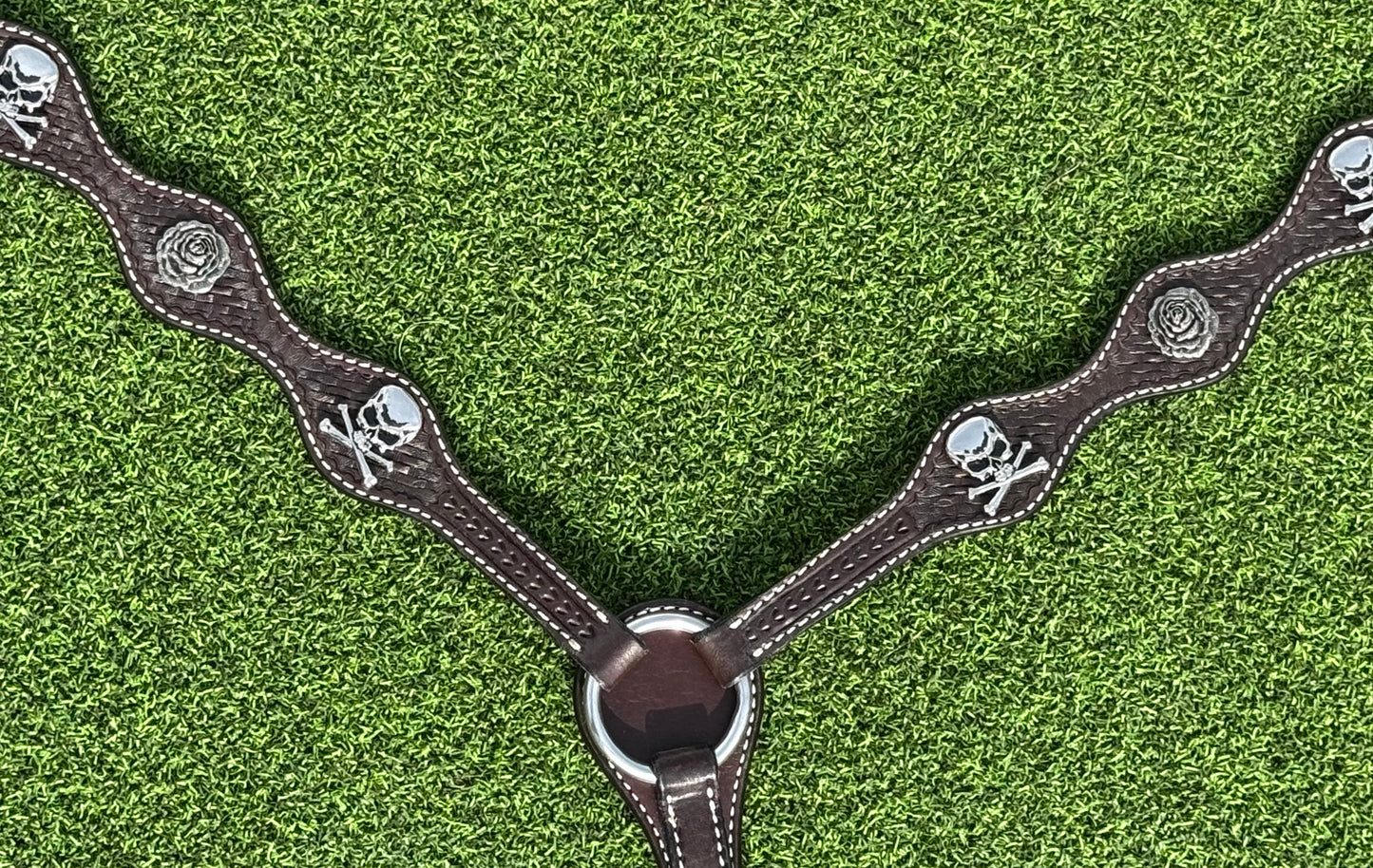 Chocolate Basketweave Scalloped Breastcollar, Skull/Rose