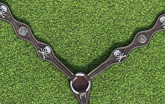 Chocolate Basketweave Scalloped Breastcollar, Skull/Rose