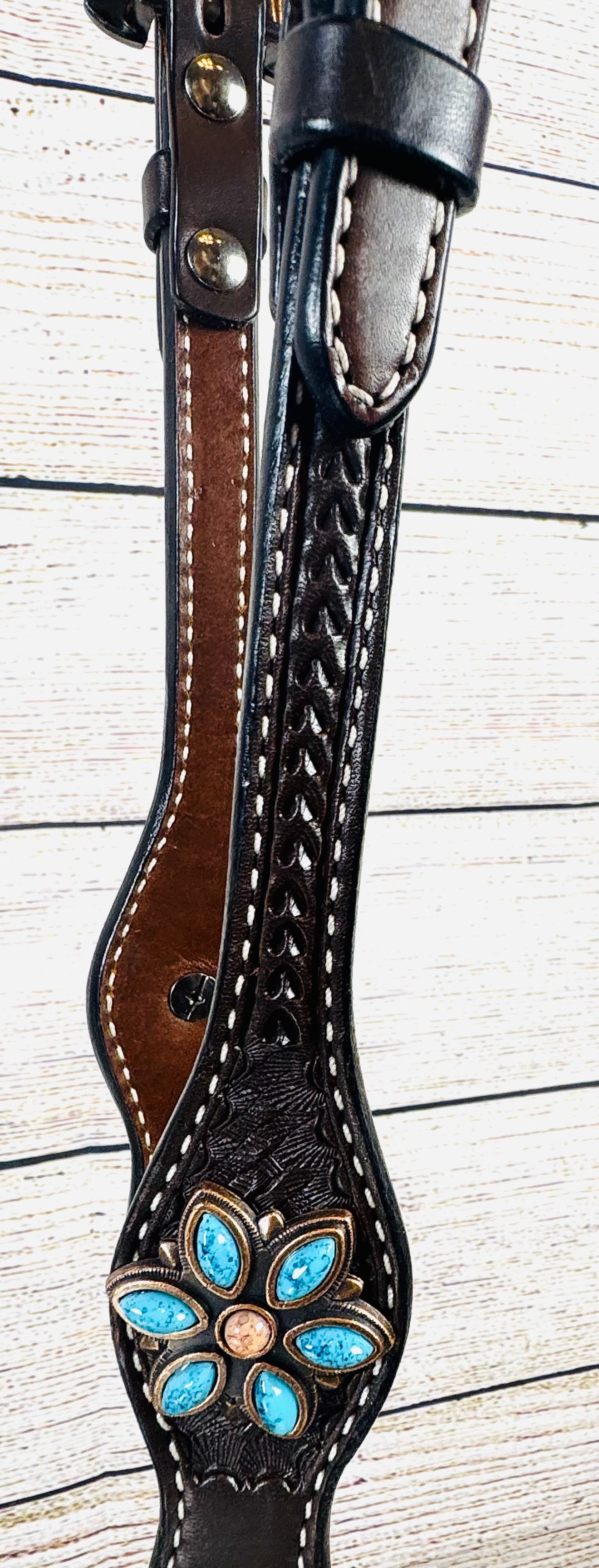 Dark Brown Basketweave Scalloped Headstall with Copper & Turquoise Flowers