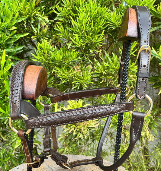 Braided Havana Horse Size English Show Halter (Brass)