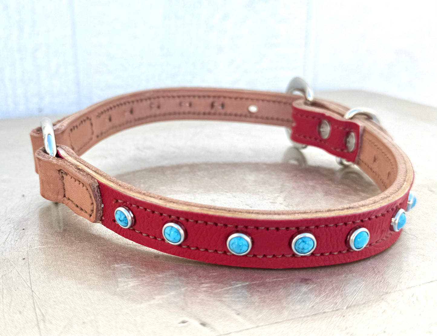 Fairytail Leather Co Red and Tan Designer Dog Collar, 18”-20”