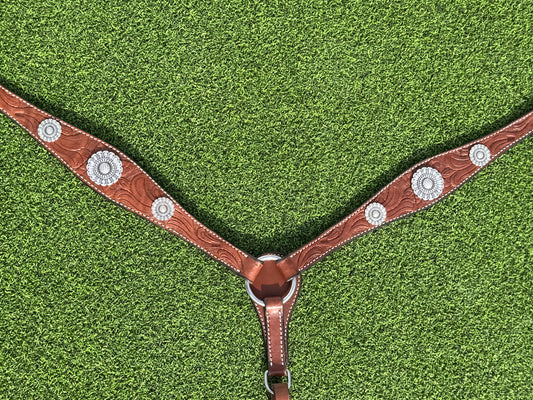 Medium Oil Floral Tooled Breastcollar with Silver Conchos