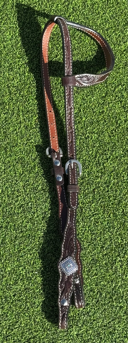 Chocolate Tooled Headstall with Silver & Turquoise Conchos