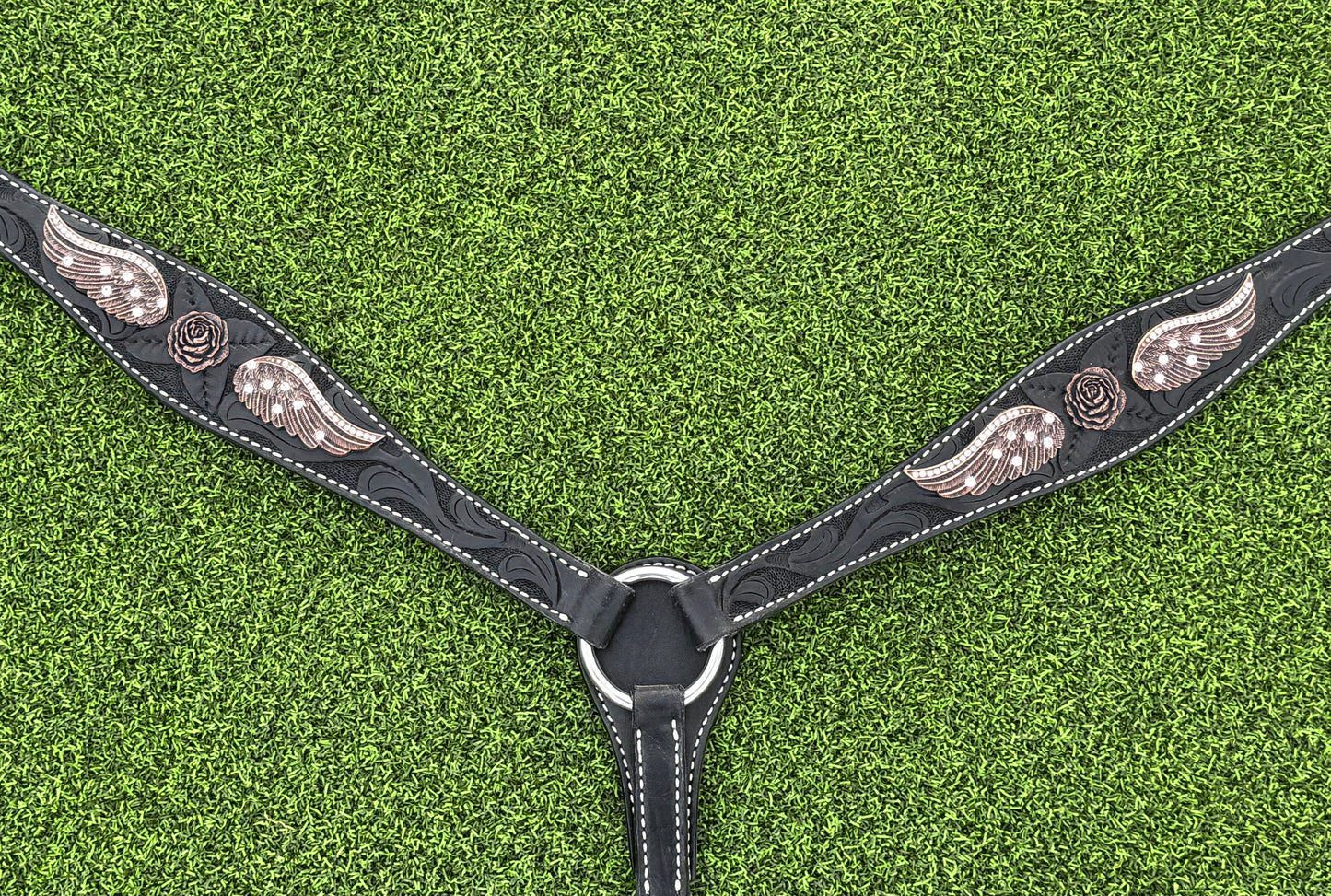 Black Floral Tooled Breastcollar with Bronze Angel Wings and Flower Conchos