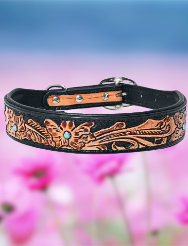 Floral Hand Tooled Leather Dog Collar, M