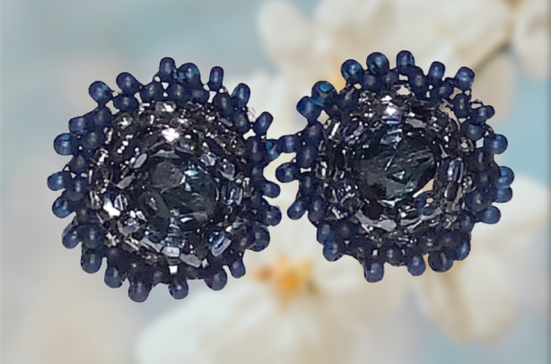 Beaded Stud Earrings with Crystal, Navy