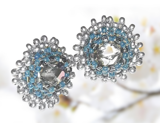 Beaded Stud Earrings with Crystal, Ice Blue & Silver