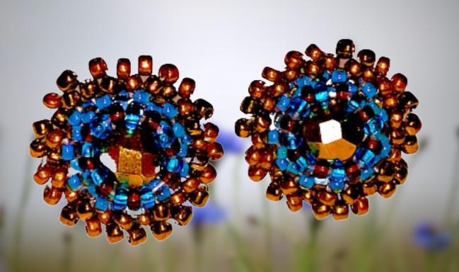 Beaded Stud Earrings with Crystal, Turquoise & Bronze