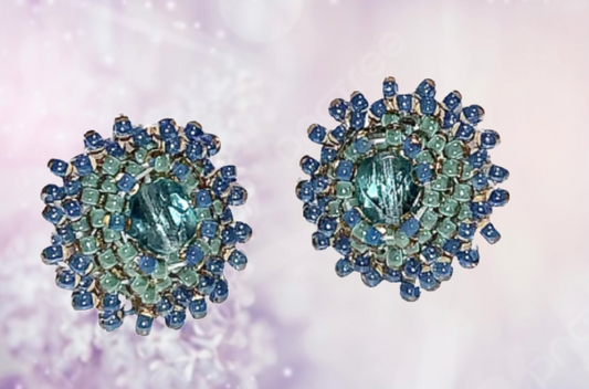 Beaded Stud Earrings with Crystal, Green & Blue