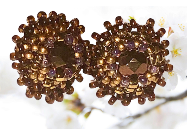 Beaded Stud Earrings with Crystal, Brown & Gold