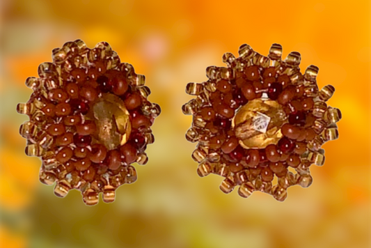 Beaded Stud Earrings with Crystal, Rust & Amber