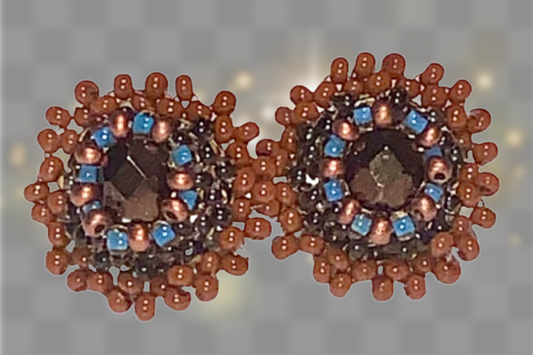 Beaded Stud Earrings with Crystal, Rust & Blue