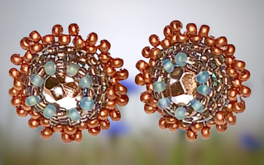 Beaded Stud Earrings with Crystal, Copper & Blue