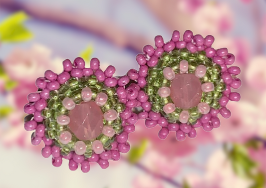 Beaded Stud Earrings with Crystal, Pink & Lime