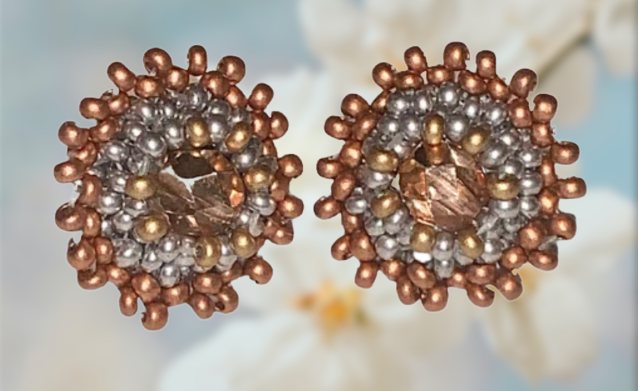 Beaded Stud Earrings with Crystal, Copper & Silver