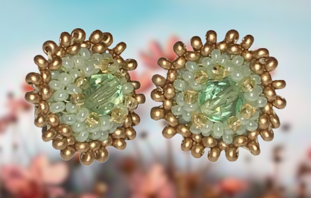 Beaded Stud Earrings with Crystal, Pale Green & Gold