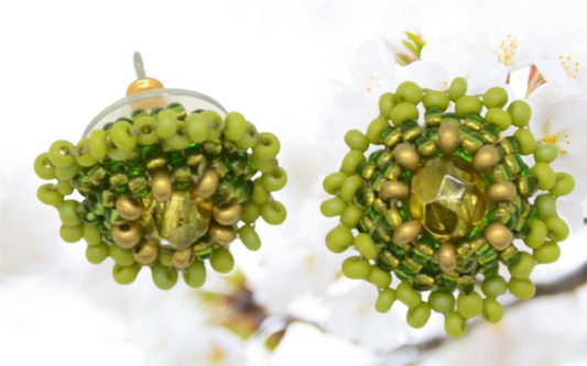 Beaded Stud Earrings with Crystal, Lime & Gold