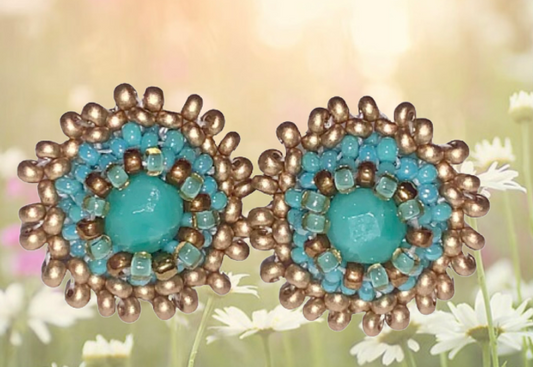 Beaded Stud Earrings with Crystal, Turquoise & Gold