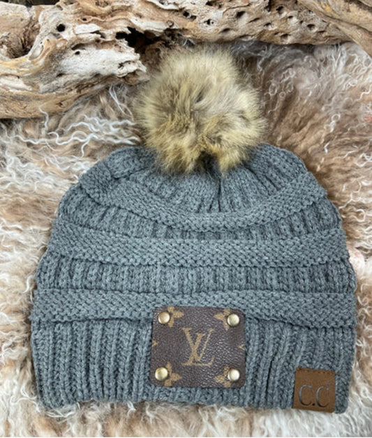 Gray Upcycled LV C.C. "Pom Pom" Beanie