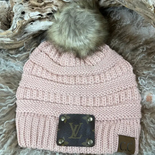 Pink Upcycled LV C.C. "Pom Pom" Beanie