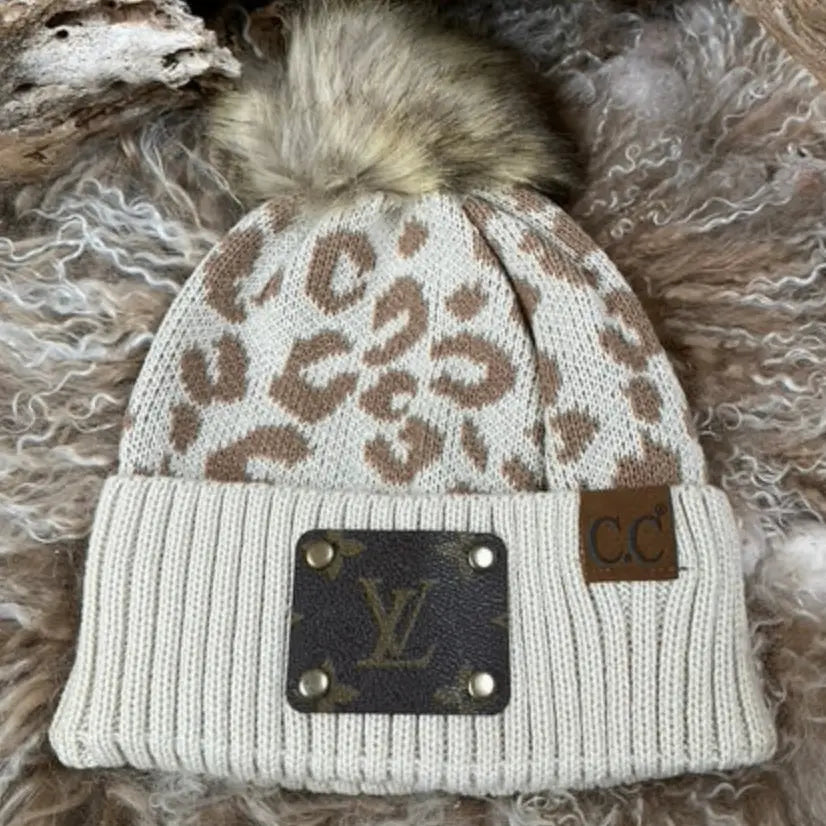 Cream Leopard Upcycled LV C.C. "Pom Pom" Beanie