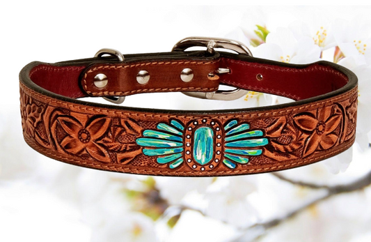 Floral Hand Tooled Leather Dog Collar, Multiple Sizes