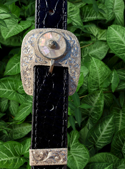 Black Crocodile Embossed Leather Halter with Mother of Pearl Inlay Sterling Buckles