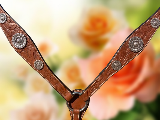Medium Oil Floral Tooled Breastcollar with Silver Conchos