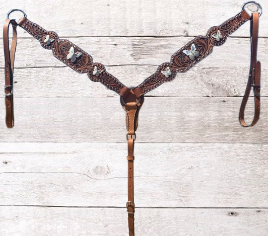 Tooled Breastcollar with Butterfly Conchos