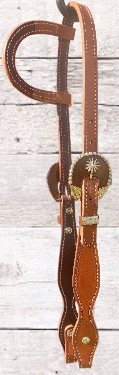 Medium Oil Harness Leather Headstall with Brown and Silver Buckles