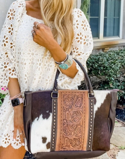 Brown and White Leather and Cowhide Purse