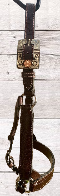 Brown Horse Size Halter with Copper and Silver Overlay Buckles