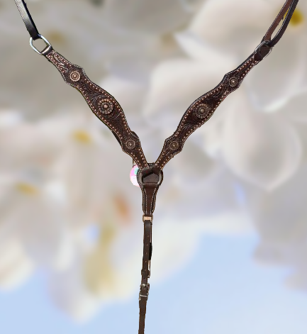 Dark Oil Tooled Breastcollar with Copper Dots and Copper Flower Conchos