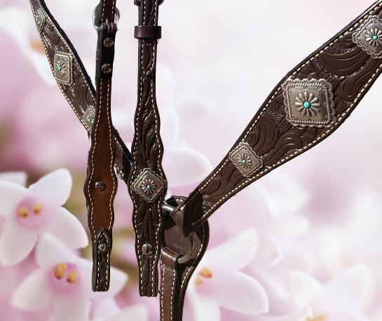 Chocolate Tooled Breastcollar with Silver and Turqoise Conchos