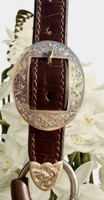 Brown Horse Size Crocodile Embossed Leather Halter with Oval Silver Overlay Buckles