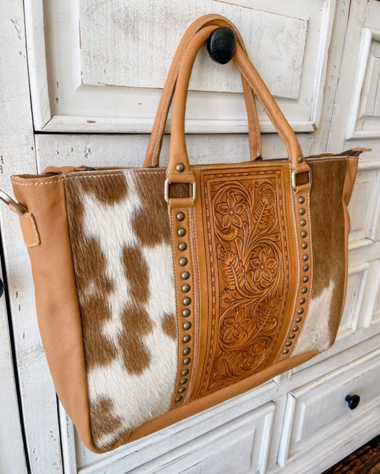 Tan and White Leather and Cowhide Purse