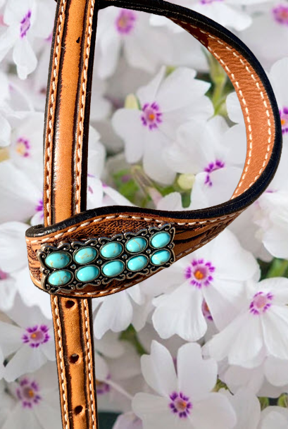 Floral Tooled Headstall with Turquoise