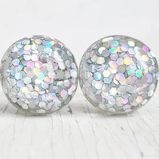 Silver Holographic Glitter Bubble Stud Earrings