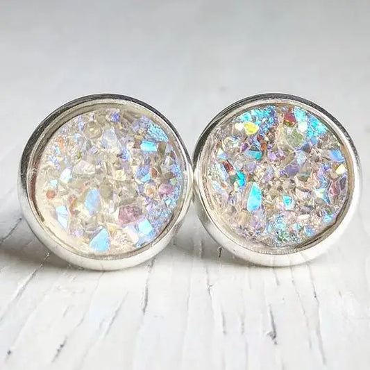 Opal on Silver Druzy Stud Earrings