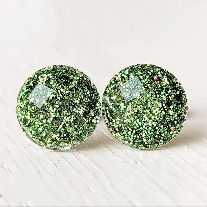 Olive Green Shimmer Stud Earrings