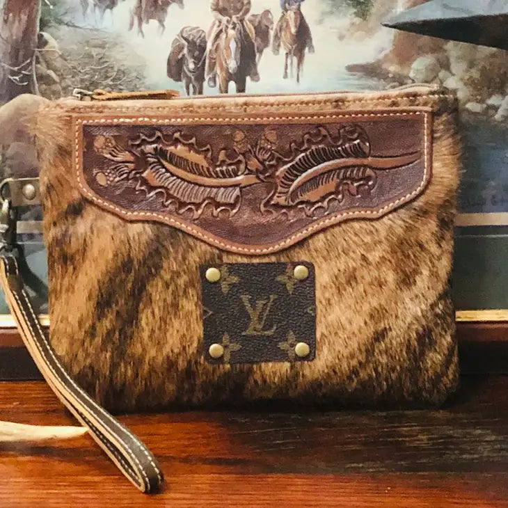 Cowhide Leather Wristlet Pouch Western Boho