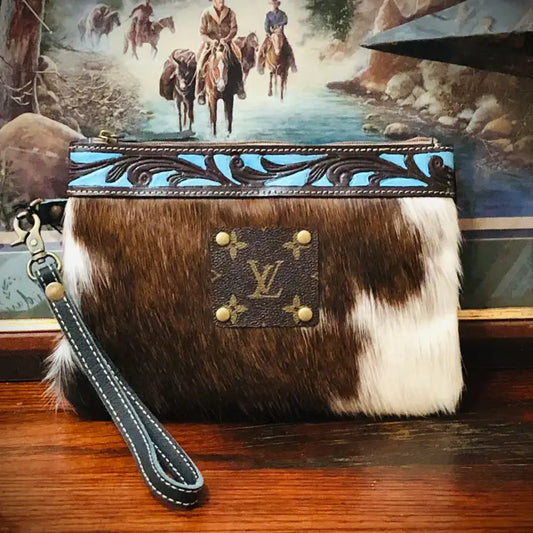 Cowhide Leather Wristlet Pouch Western Boho