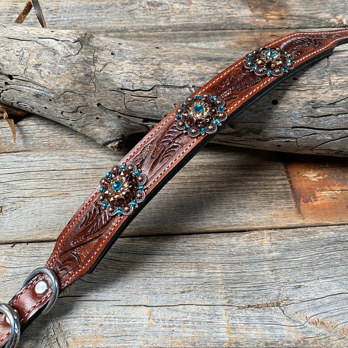 Medium Leaf Leather Dog Collar Copper Crystal Concho, Size L