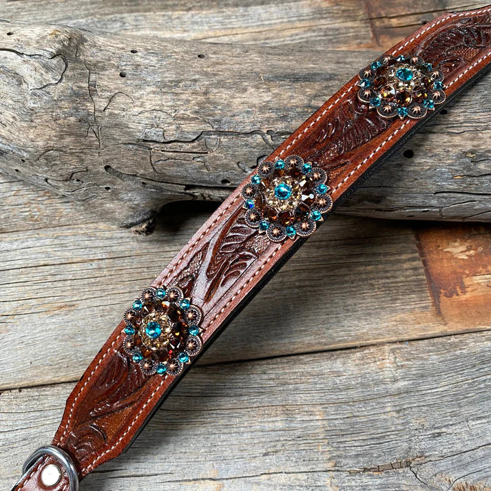 Medium Leaf Leather Dog Collar Copper Crystal Concho, Size L