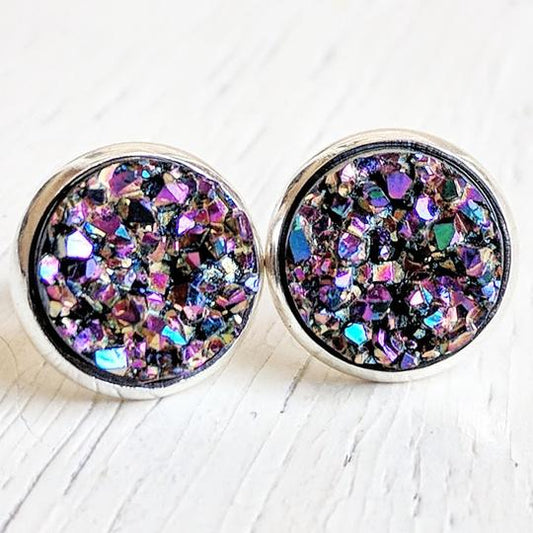 Ultraviolet On Silver - Druzy Stud Earrings - Hypoallergenic Posts