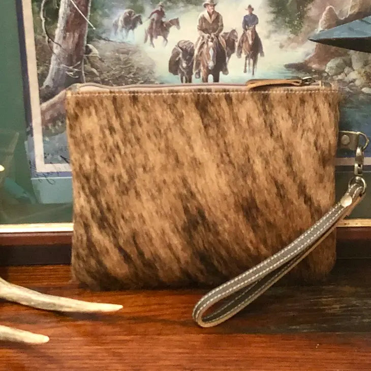 Cowhide Leather Wristlet Pouch Western Boho