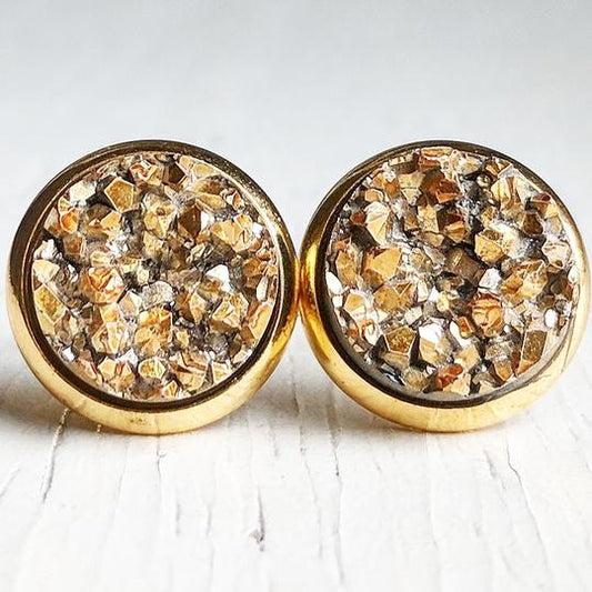 Gold On Gold Druzy Stud Earrings Hypoallergenic Posts