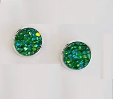 Green On Silver Druzy Stud Earrings Hypoallergenic Posts