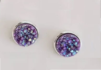 Lavendar On Silver Druzy Stud Earrings Hypoallergenic Posts